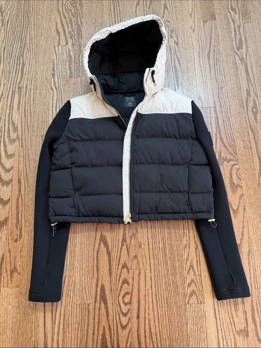 P.E Nation Black and Cream Hooded Colorblock Puffer Jacket